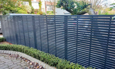 Wide Slatted Panels (45mm slat and 10mm gap) painted in F & B Railings