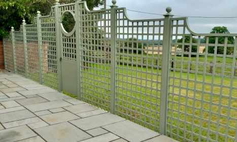 Decorative Gate and Square Trellis (with a 100mm gap) painted in Farrow & Ball Lichen