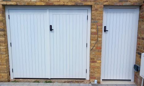 Double garage doors with separate pedestian gate painted in Little Green Slaked Lime 22~65260 - Elcin Kecici (1).jpg