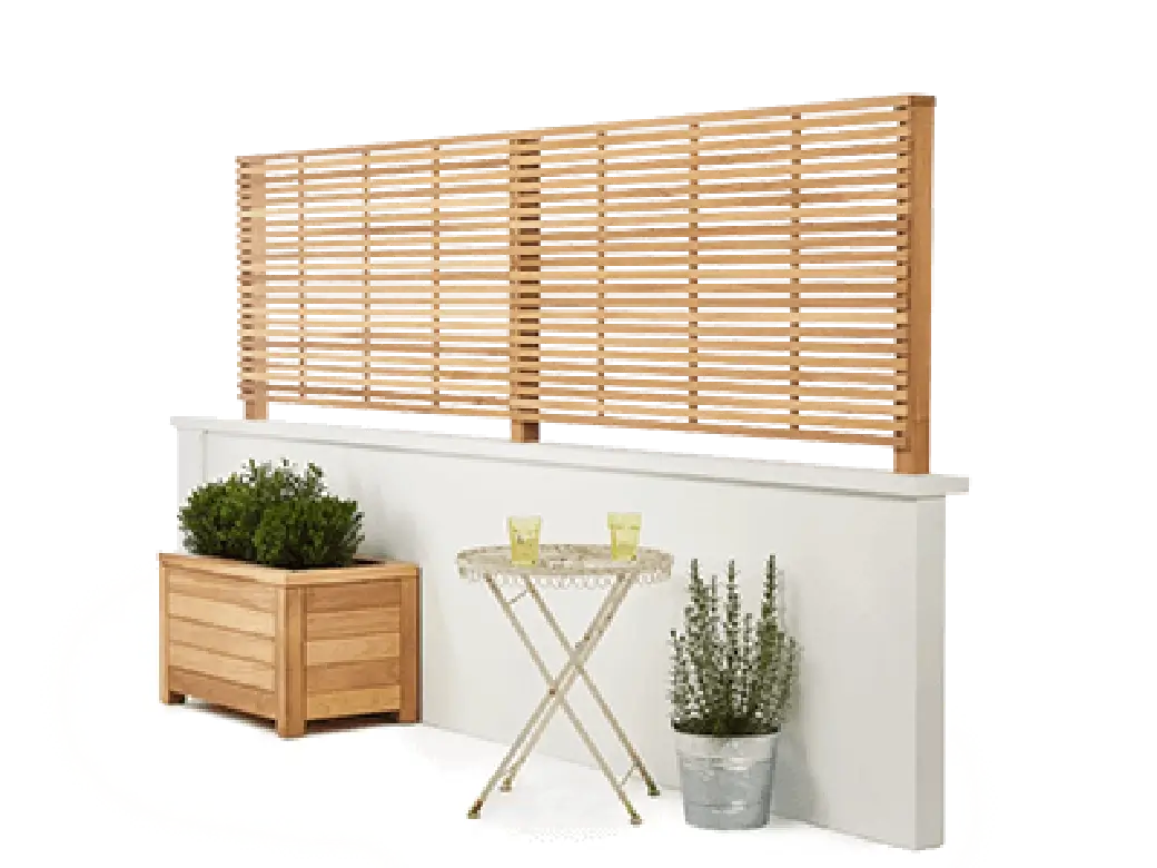 Timber slatted fence panels on top of a white wall with a contemporary planter all on a white background.