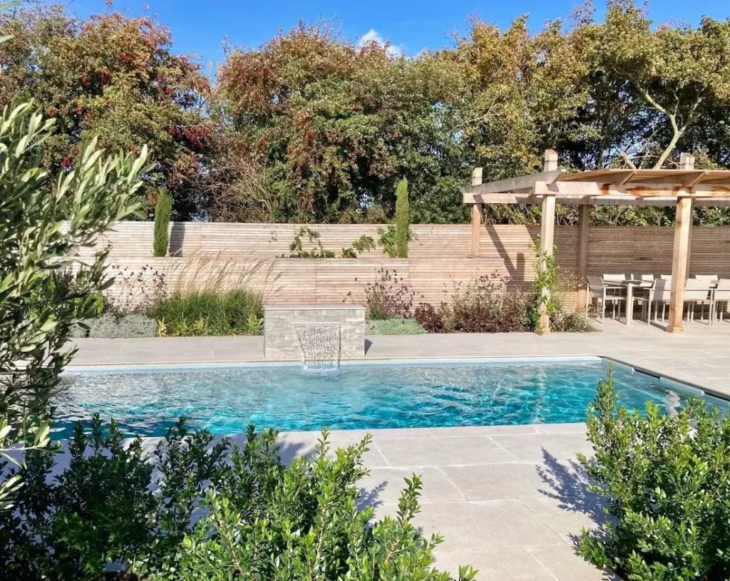 Paul Baines Mediterranean Pool Garden Pergola and Slatted Panels