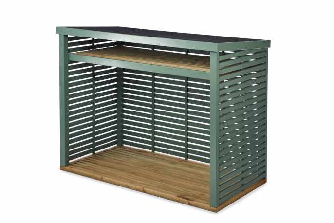 Green slatted outdoor shelving unit with a wooden base and one shelf.