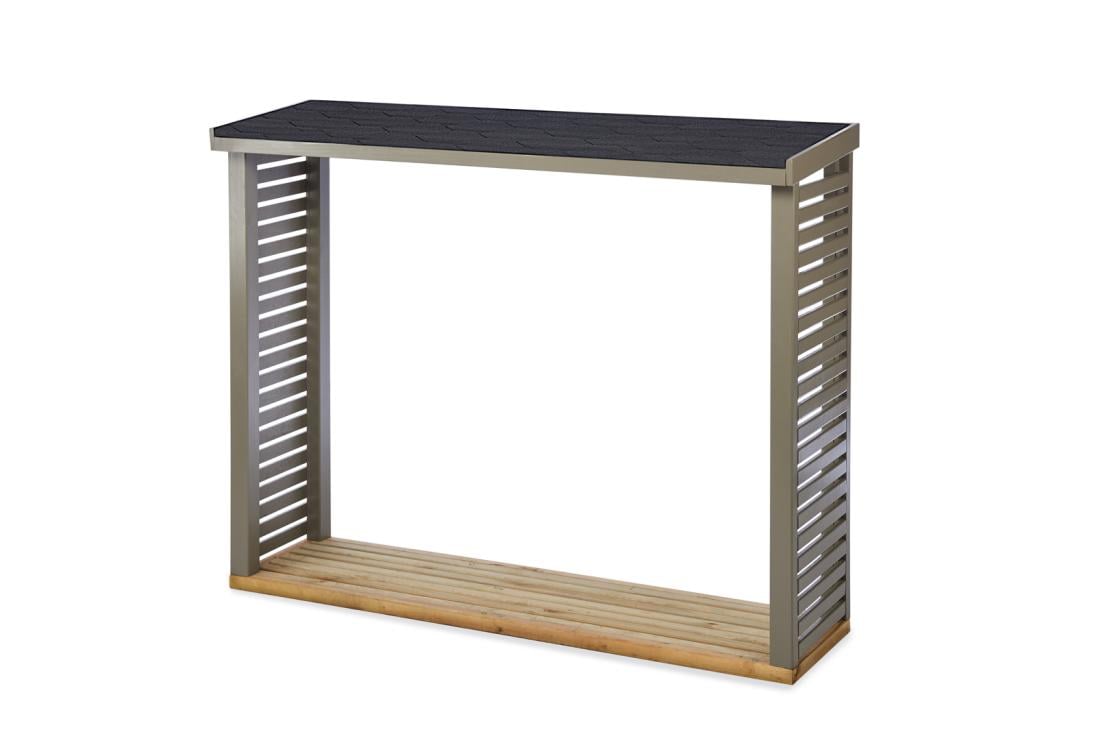 A minimalist console table with a slatted metal frame and wood top and base.