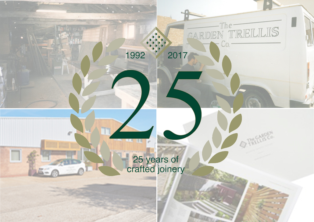 Collage celebrating 25 years of Garden Trellis Co., with workshop, van, building, and brochure images.