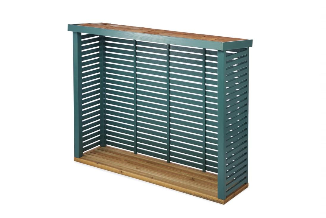 Green and wooden slatted shelving unit with vertical lines and a flat top surface.
