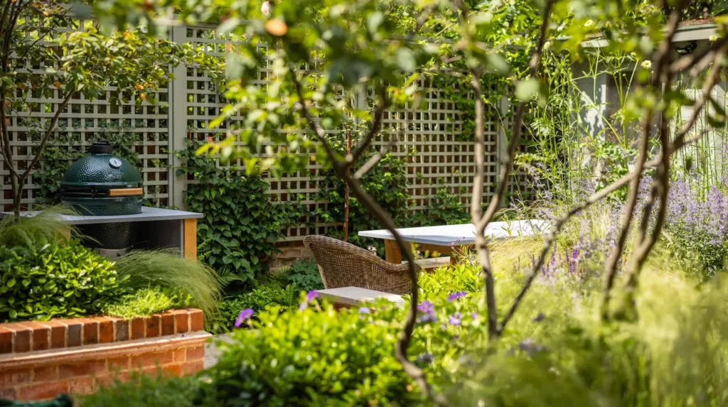 Garden with lush greenery, tables, wicker chairs, and a green grill on a brick platform.