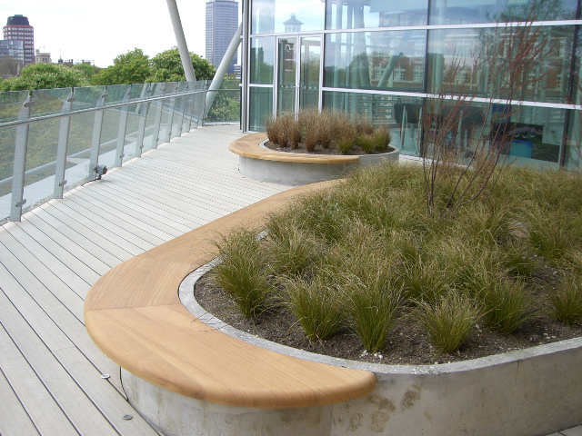 Curved wooden benches alongside planters on a rooftop terrace near glass walls and urban buildings.