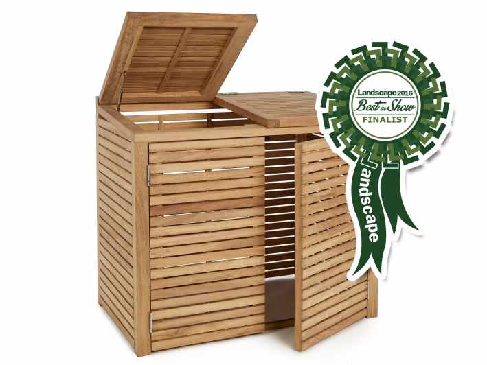 Wooden outdoor storage box with lid open, featuring a landscape award badge labeled Best in Show Finalist 2016.