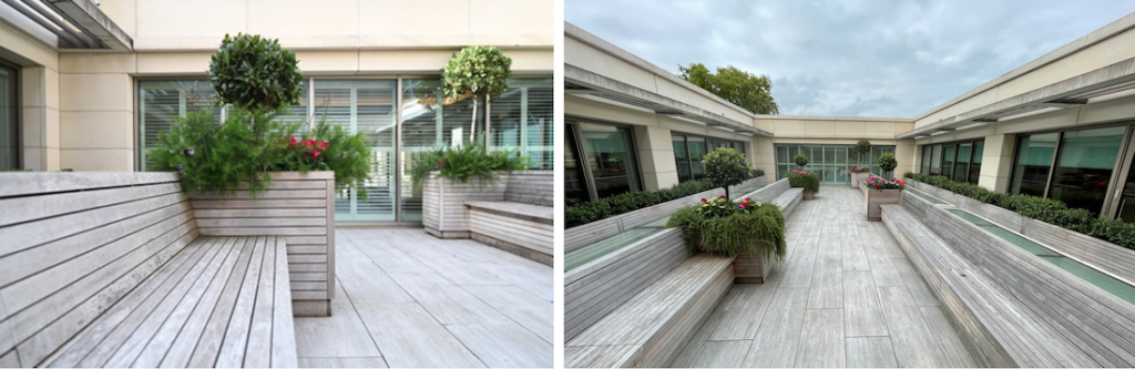 Modern rooftop terrace with wood benches, planters, and greenery under an overcast sky.