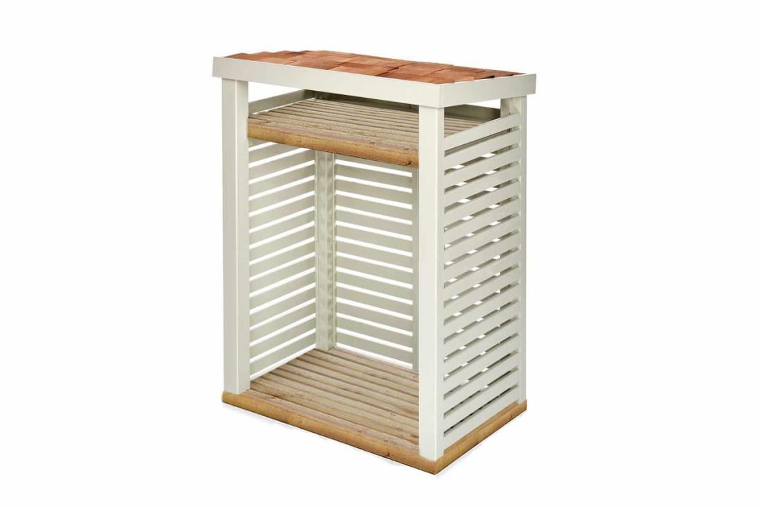 Wooden slatted storage unit with a white frame and natural wood shelves.