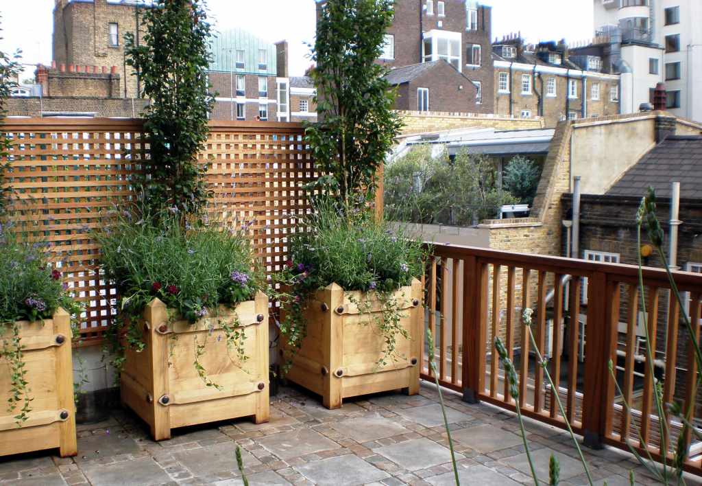 Rooftop patio with wooden planters and trellis overlooking urban buildings.