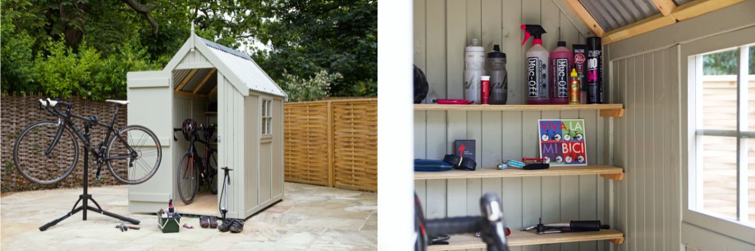 Small bike shed with open doors; tools and bike maintenance supplies visible inside.
