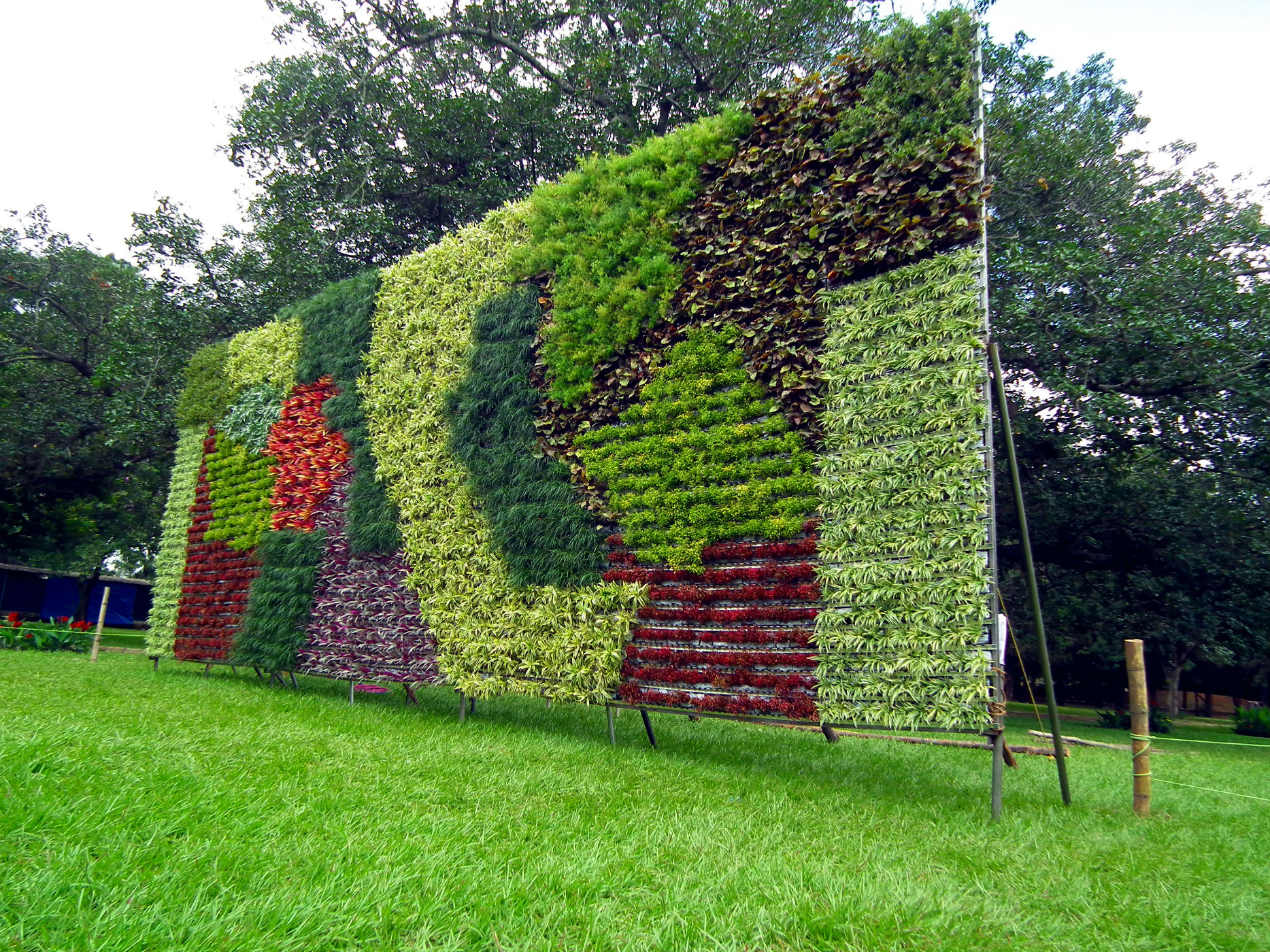 Vertical garden display featuring various plants arranged in patterns, set on a grassy field with trees in the background.