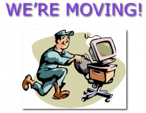 Illustration of a mover pushing a computer on a chair under a WERE MOVING! text.