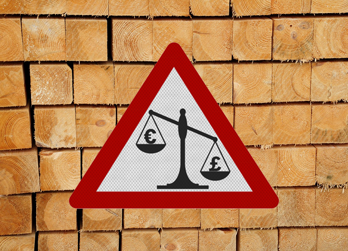 Warning sign with scales balancing euro and pound symbols, over a stack of cut wooden logs.