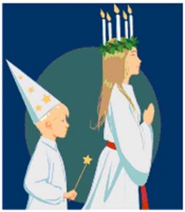 Two children in white outfits, one wearing a star hat and holding a wand, the other with candles on her head.