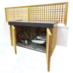 Wooden storage unit with open doors showing a bicycle, wheelbarrow, and bucket inside.