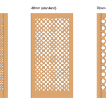 Three wooden lattice panels with different mesh sizes: 20mm privacy, 40mm standard, and 70mm open.