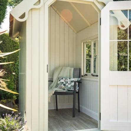 RHS Prestige Victorian Garden Shed in Manhattan Grey - bead & butt interior with dado rail