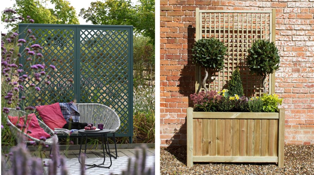 Two images: A WPC diagonal trellis screen and a timber Trellis Backed Planter 