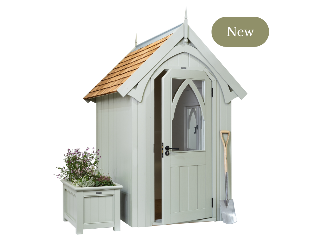 Cut-out image of the new RHS Prestige Albertine Garden Shed with a 'new' graphic