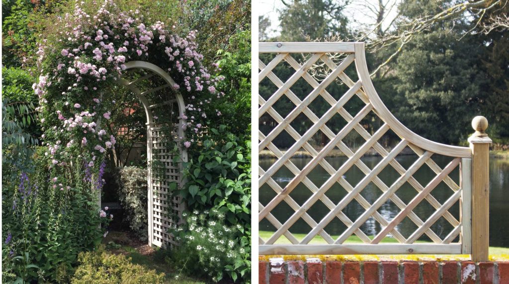 Two images: Rose Arch and Diagonal Trellis for cottage gardens