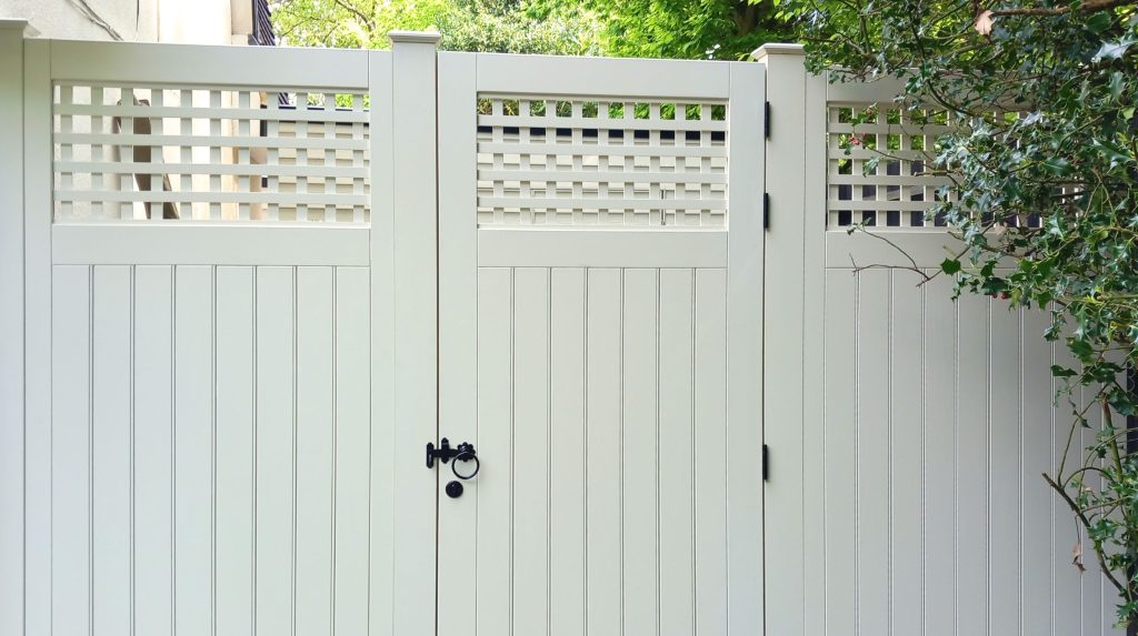 Bespoke gate with trellis top painted in Orford Cream