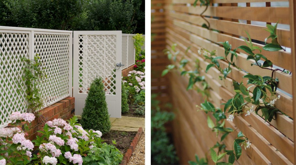 Two images: painted traditional diamond trellis and natural slatted panels