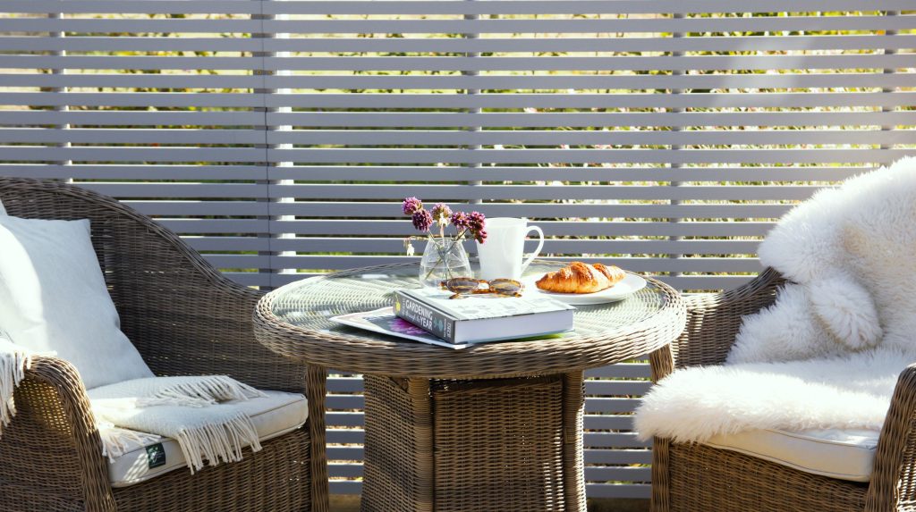 RHS Slatted Panel (30mm gap) in Manhattan Grey with Kettler Bistro Set