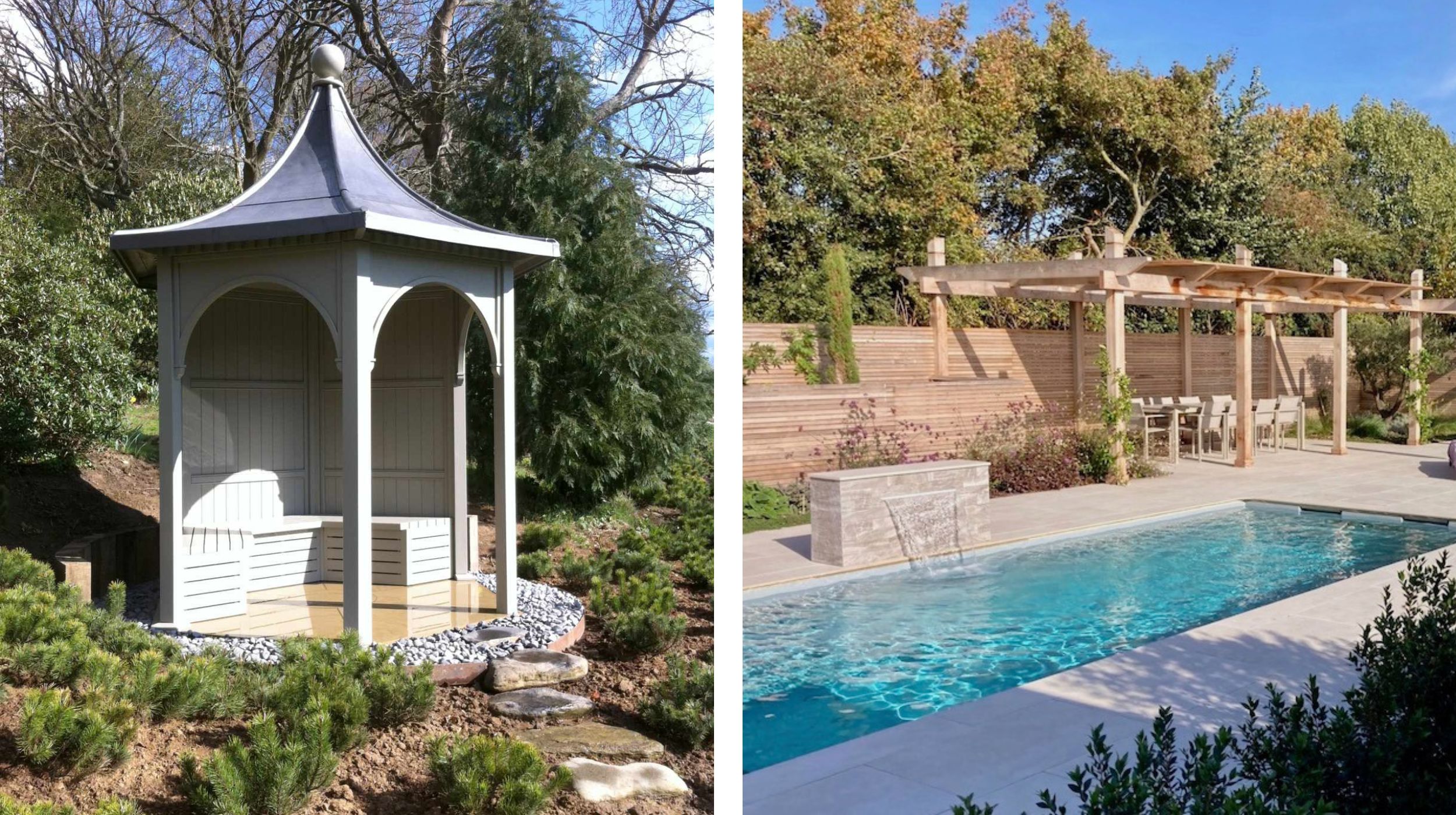 Two images side-by-side of a bespoke arbour with an elegant lead roof and large contemporary pergola by a swimming pool