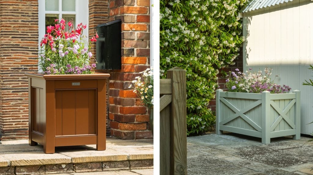 Two images side-by-side of painted wooden planters