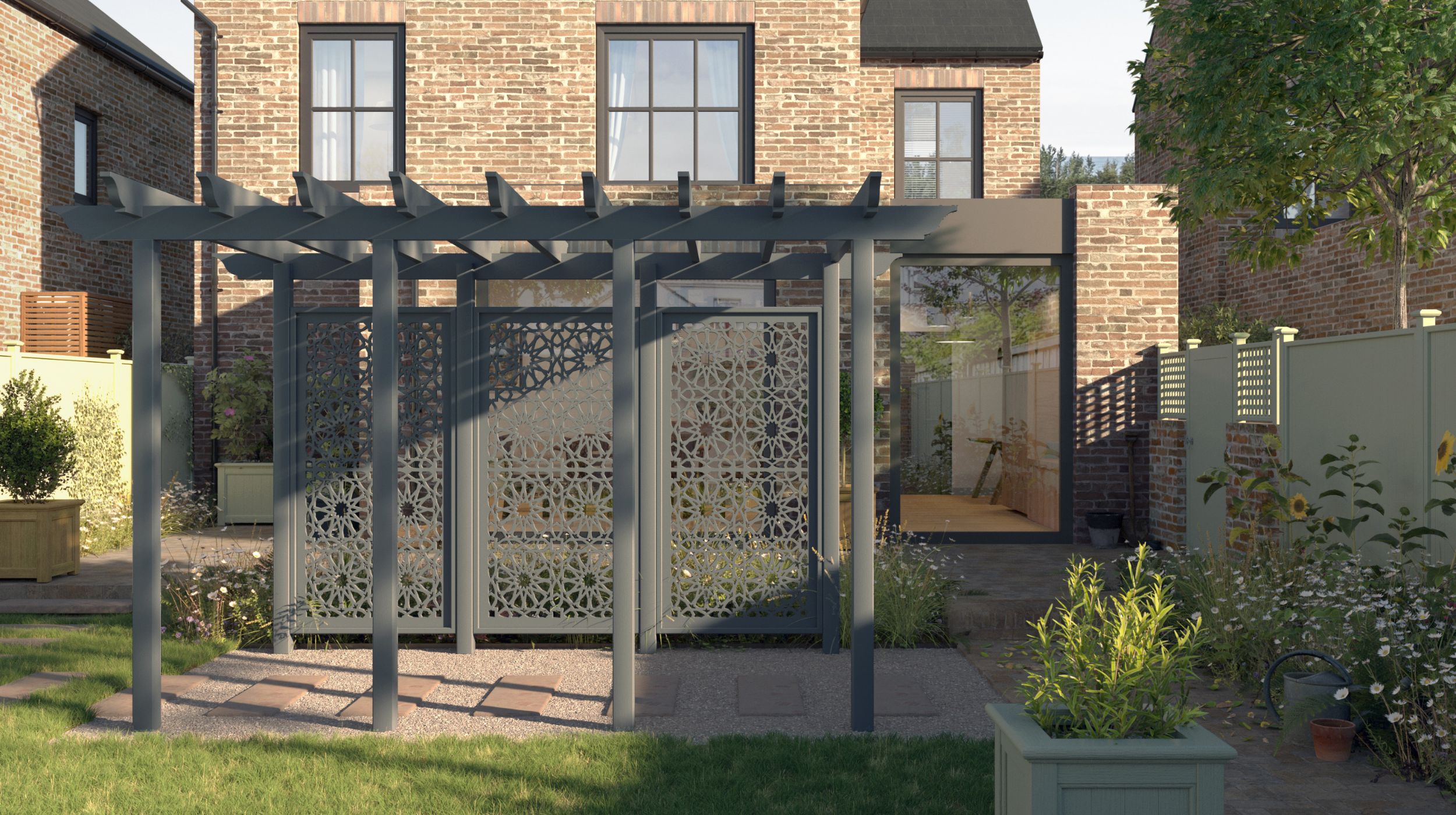 Prestige Vista Pergola Large Medina in Charcoal in an urban garden