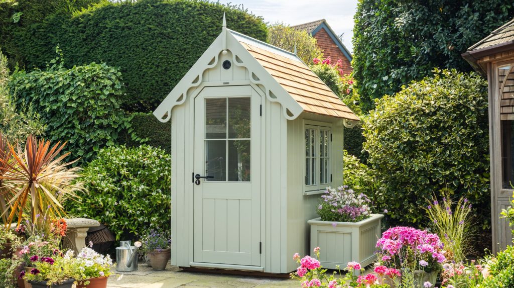 RHS Prestige Victorian Garden Shed on a pretty summer patio