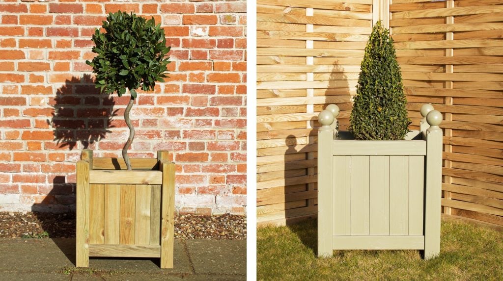 Two pictures side-by-side: a wooden planter with a pretty bay tree and a painted Versailles Planter with shaped box.