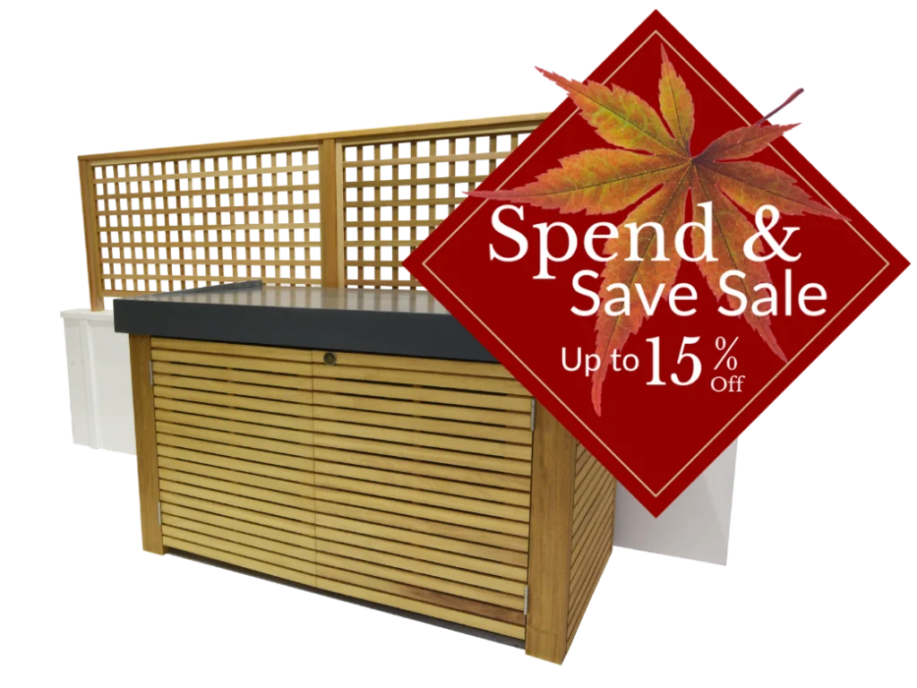 RHS Prestige Contemporary Bike Store with RHS Prestige Square Trellis behind and a Spend & Save Sale badge