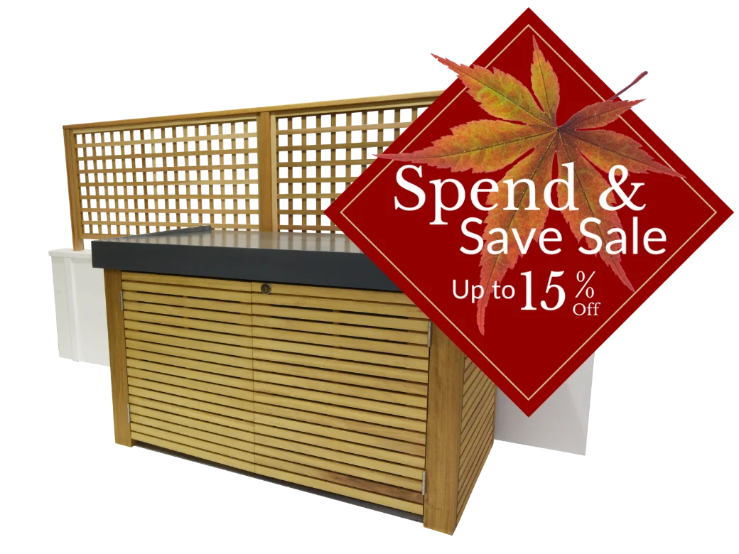 RHS Prestige Contemporary Bike Store with RHS Prestige Square Trellis behind and a Spend & Save Sale badge