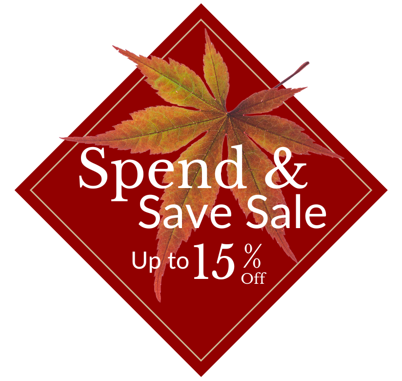 A maroon diamond shape with an autumn leaf and the words 'Spend & Save Sale - up to 15% off'