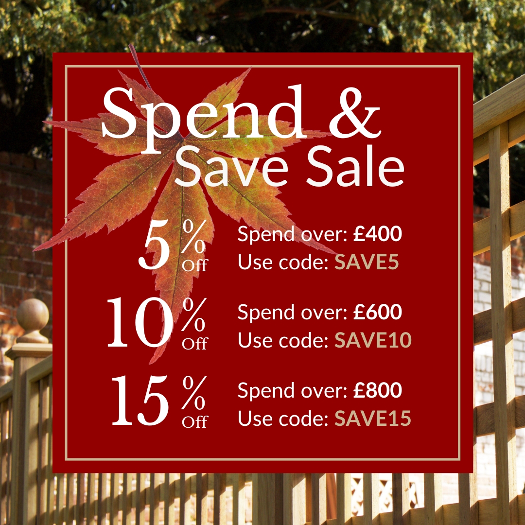 A maroon Spend & Save Sale graphic on top of an image of RHS Prestige Open Square Trellis