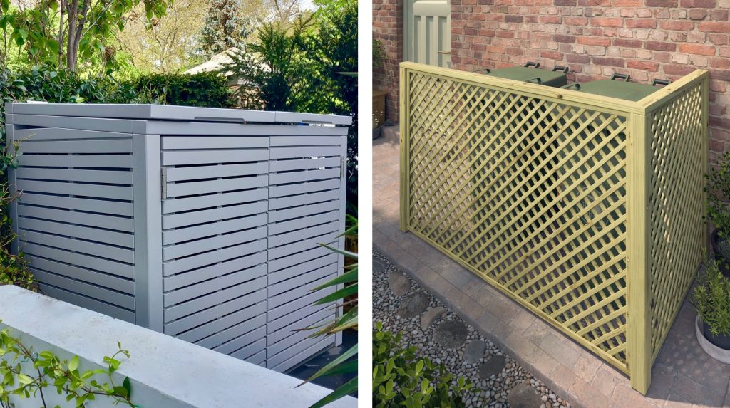 Two images side by side: a slatted bin store and trellis bin screen