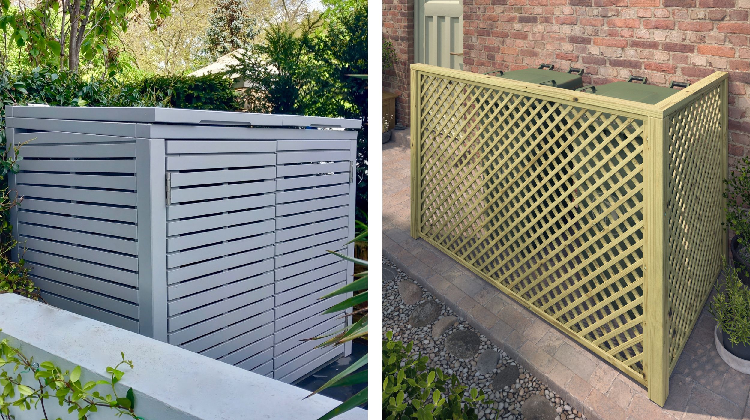 Two images side by side: a slatted bin store and trellis bin screen