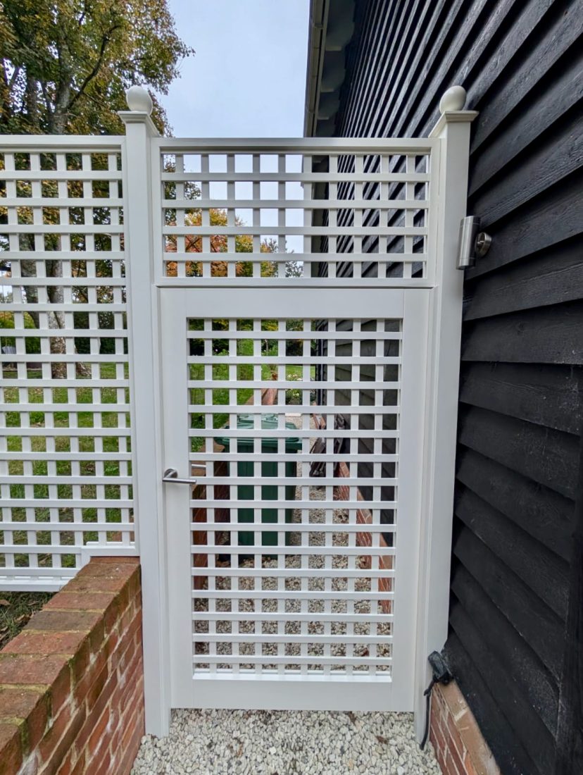 Bespoke square trellis gate, 68mm gap, painted in Orford Cream