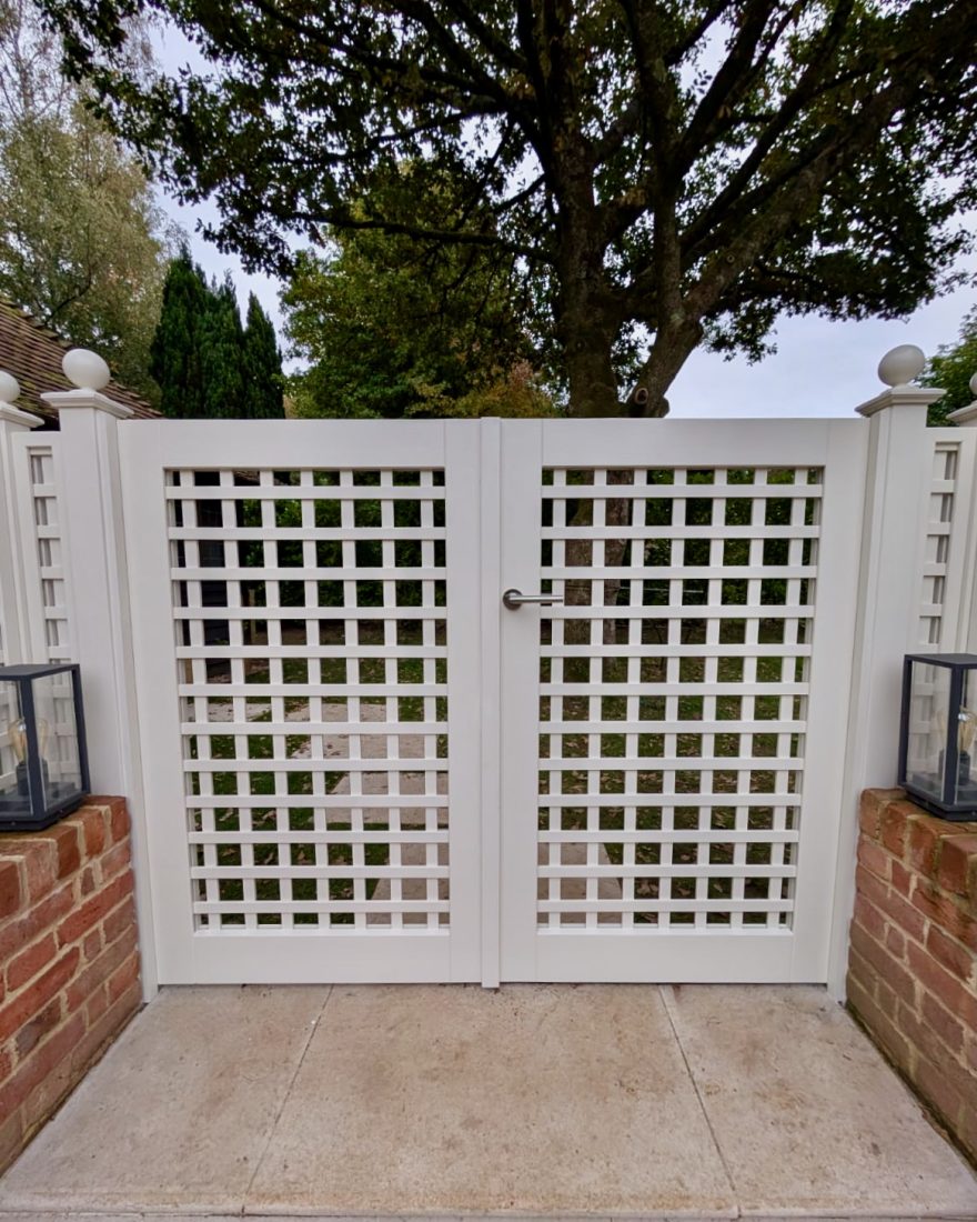 Bespoke square trellis gates, 68mm gap, painted in Orford Cream