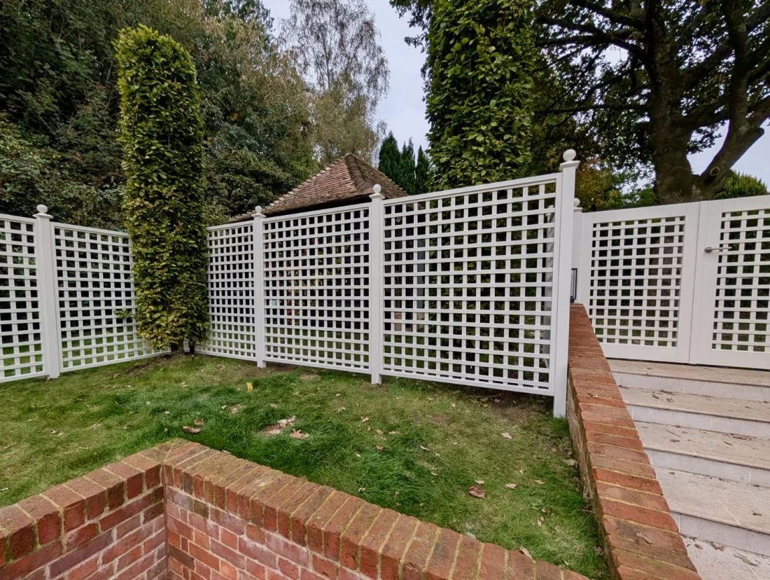 Bespoke square trellis with matching gates, 68mm gap, painted in Orford Cream