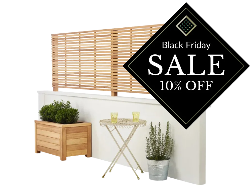 Slatted panels on a white wall with a white background and graphic that says 'Black Friday Sale - 10% Off'.