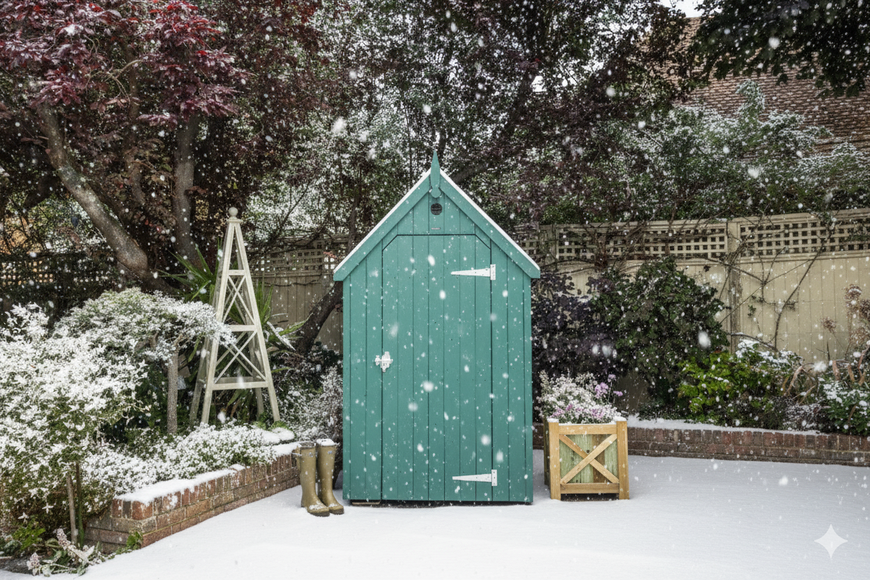 The RHS Garden Shed in a snowy garden