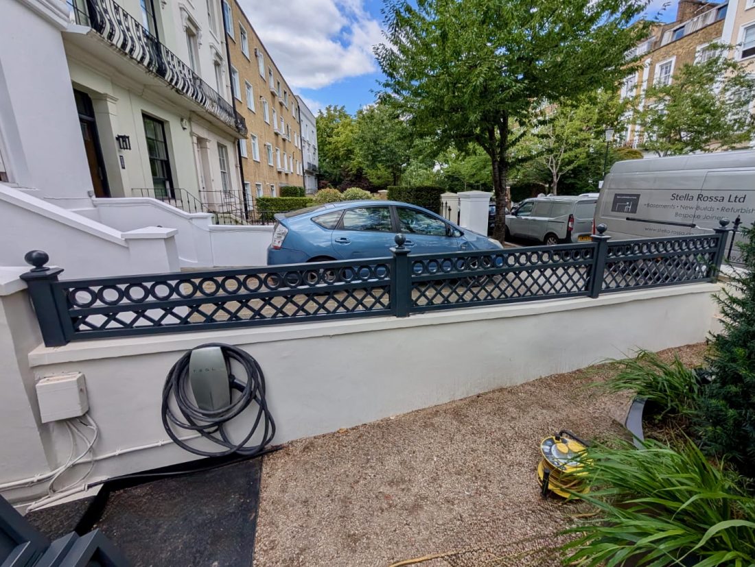 Bespoke diagonal trellis (60mm gap) mini on a sloping wall painted in bespoke colour RAL7016