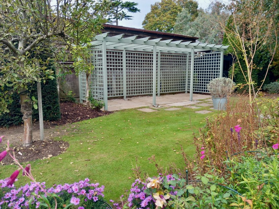 Bespoke trellis pergola painted in Deben