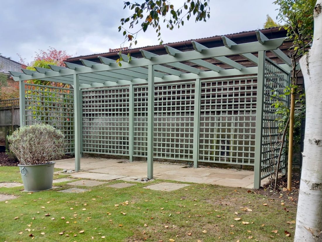 Bespoke trellis pergola painted in Deben