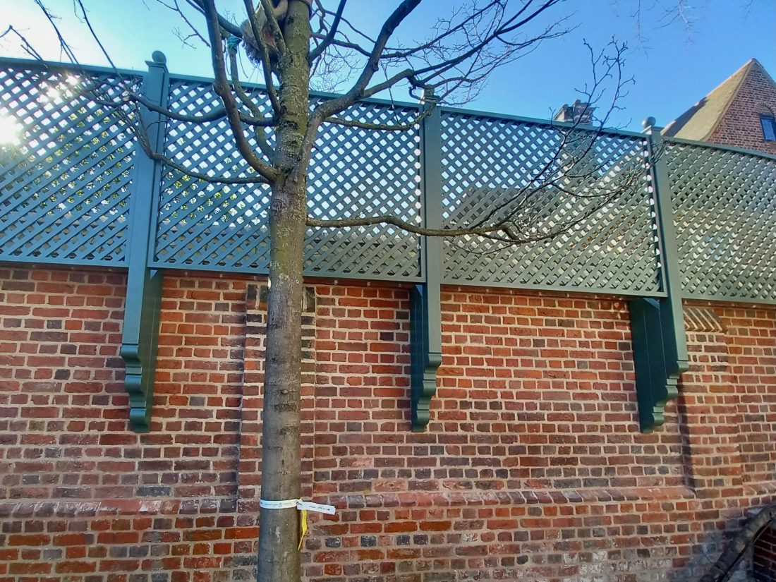 Bespoke Diagonal Trellis (38mm gap) wall mounted and painted in FB Chine Green