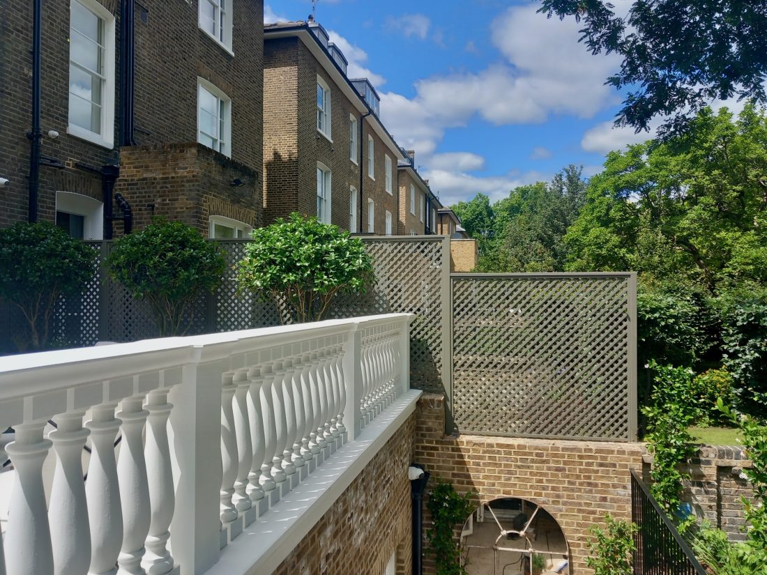 Diagonal trellis (38mm gap) painted in Autumn Tide